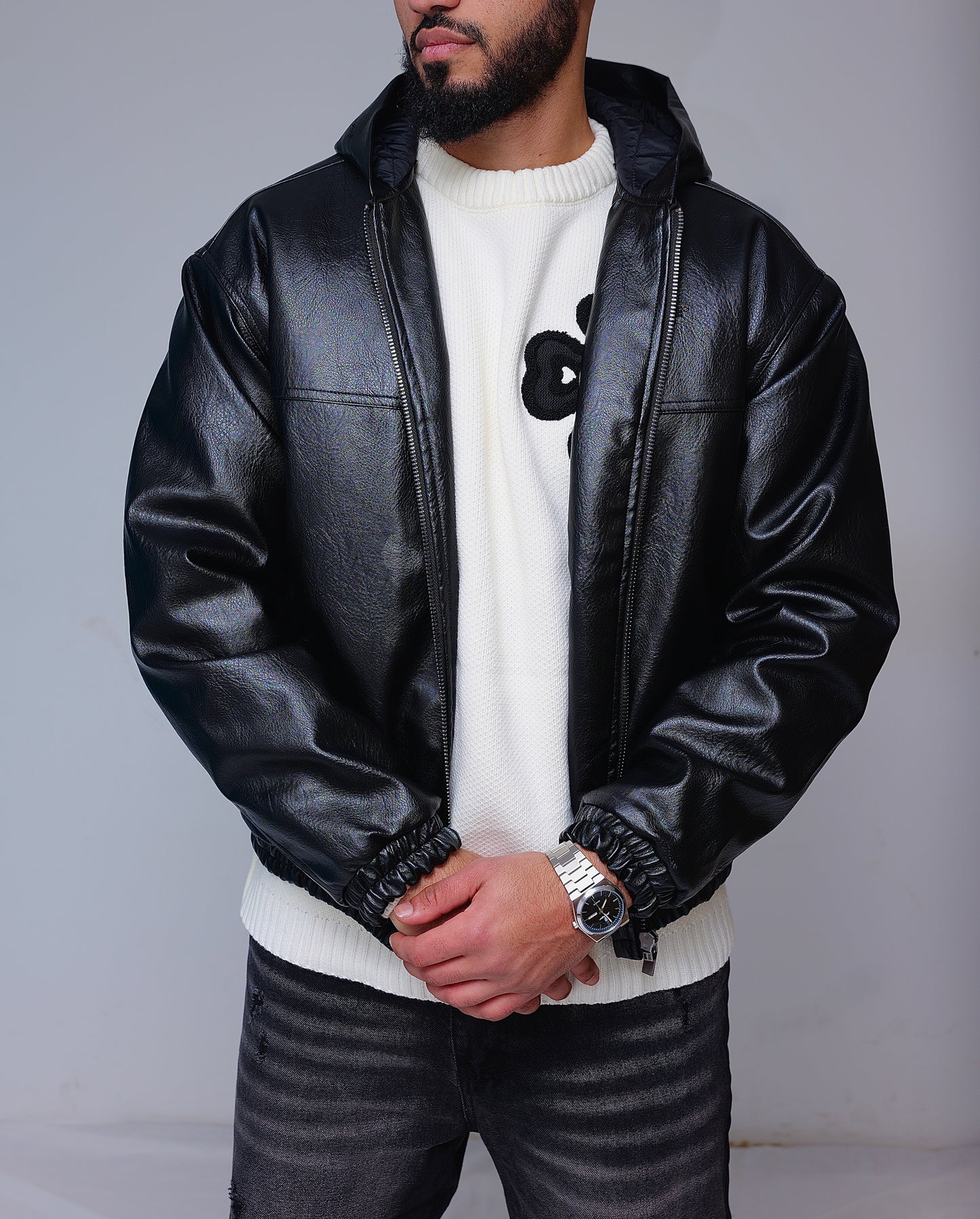 Veste en cuir capuche